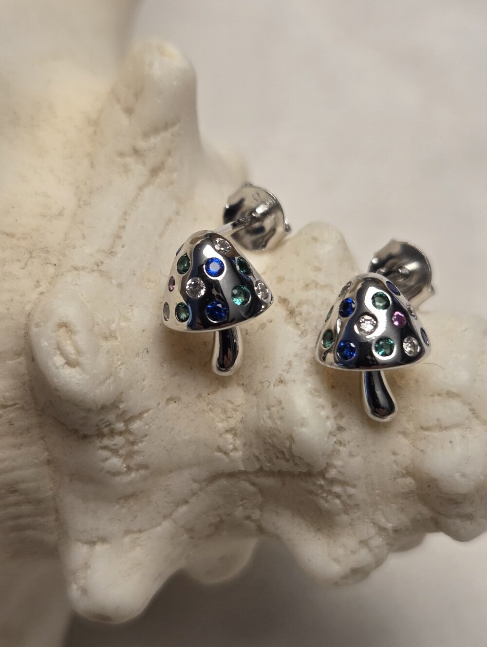 Sterling Silver and Cubic Zirconia Mushroom Shape Stud Earrings